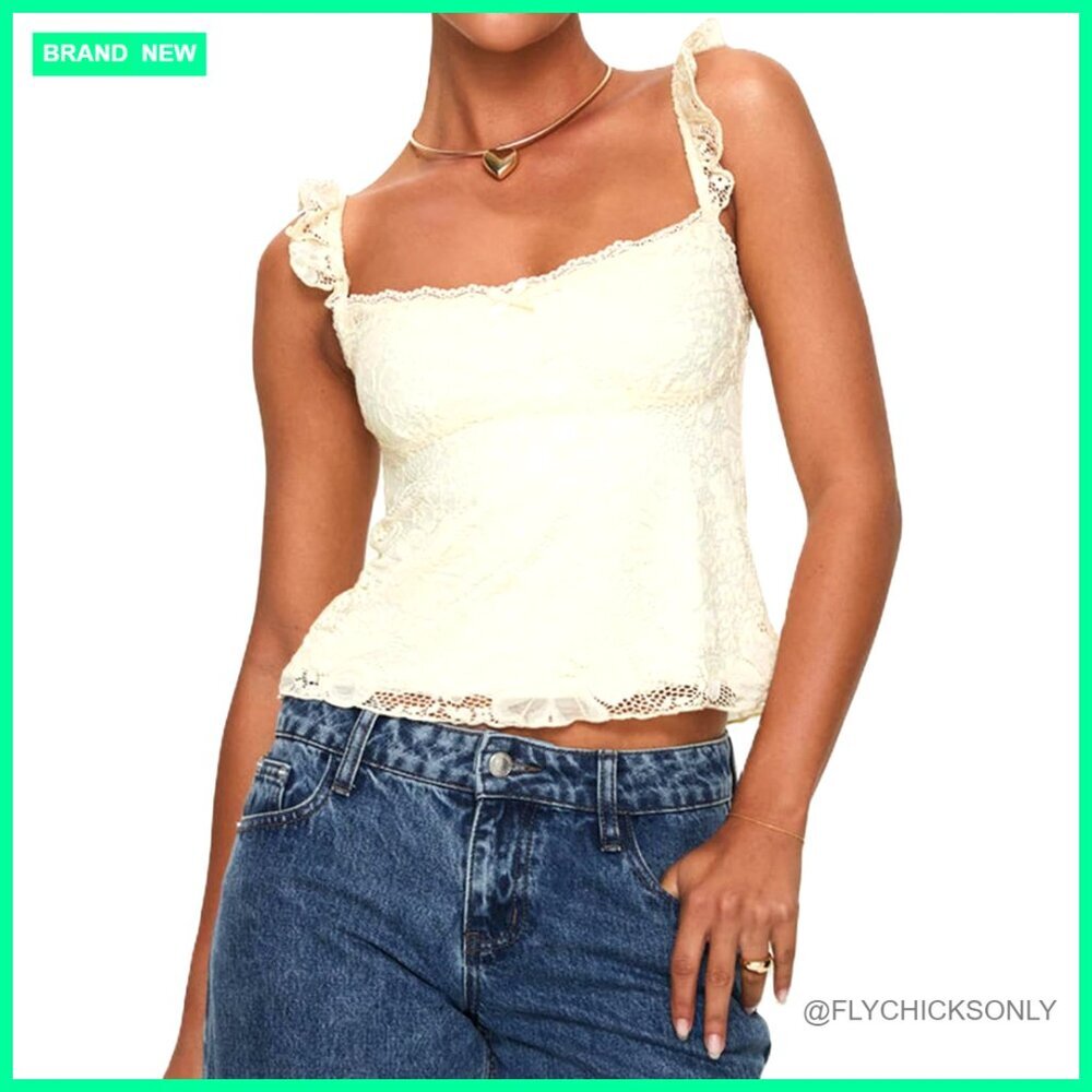 Y2K Lace Trim Square Neck Tank Top Summer Crop Camisole Streetwear
